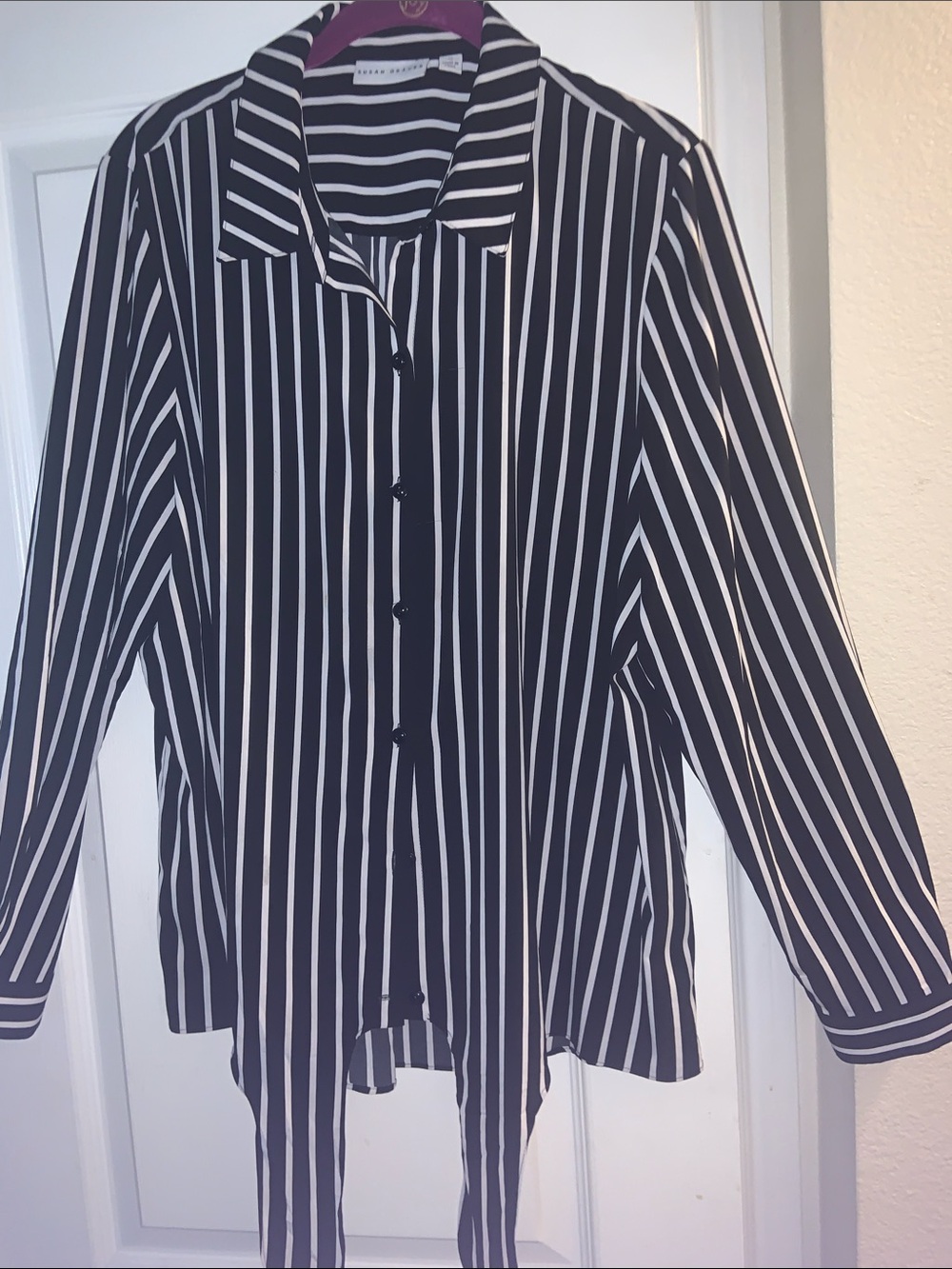 Susan Graver Black and White Vertical Stripe Button-Front Blouse